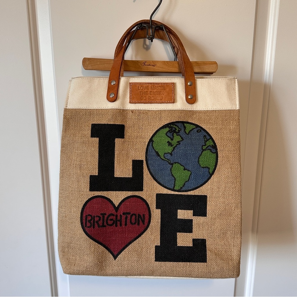 Brighton Love Earth burlap / leather Tote Bag *damage